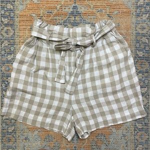 A New Day Gingham High-Rise Paperbag Shorts Light Brown White Linen Blend Medium